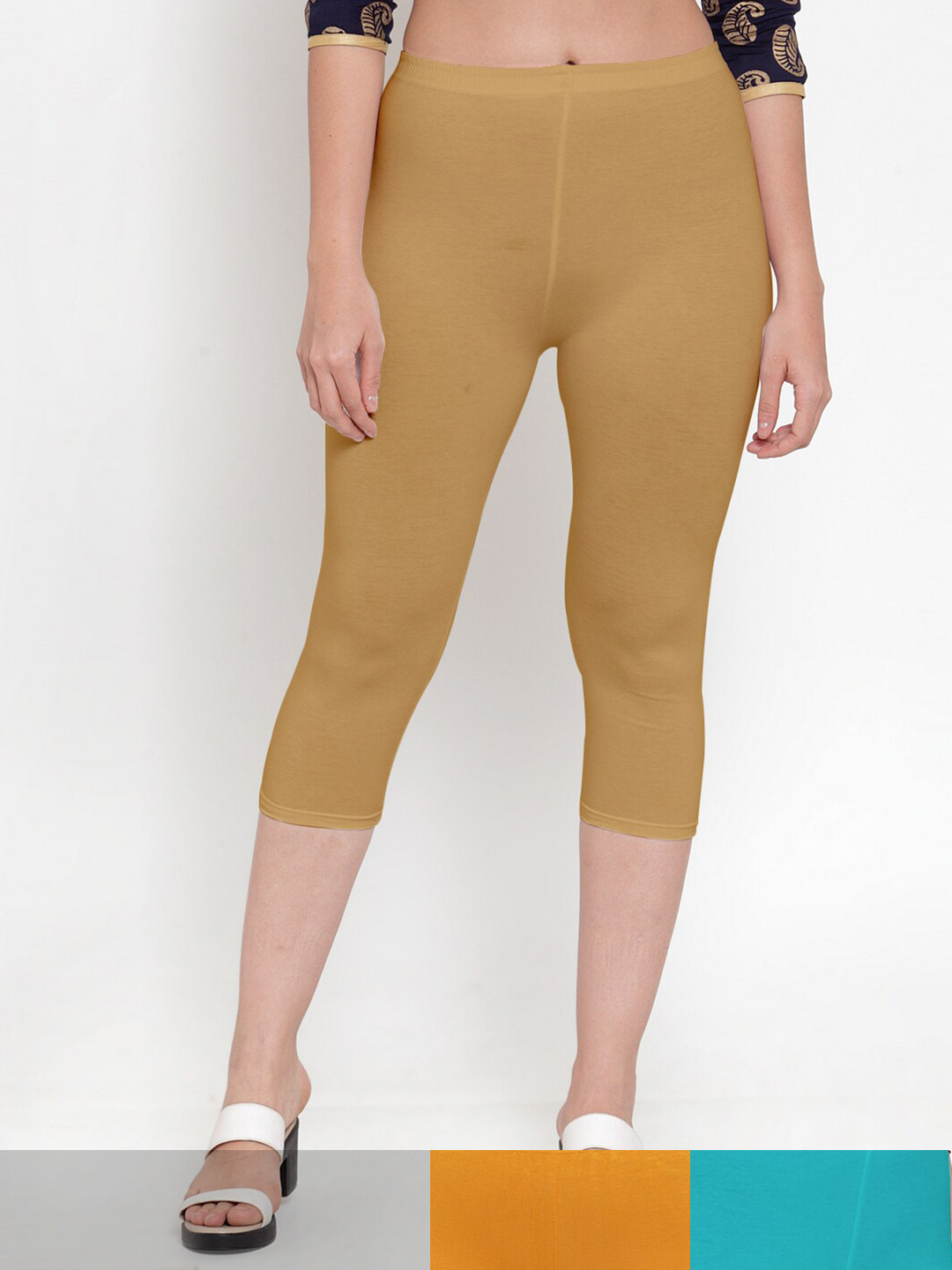 GRACIT Women Yellow & Khaki Pack Of 3 Capris