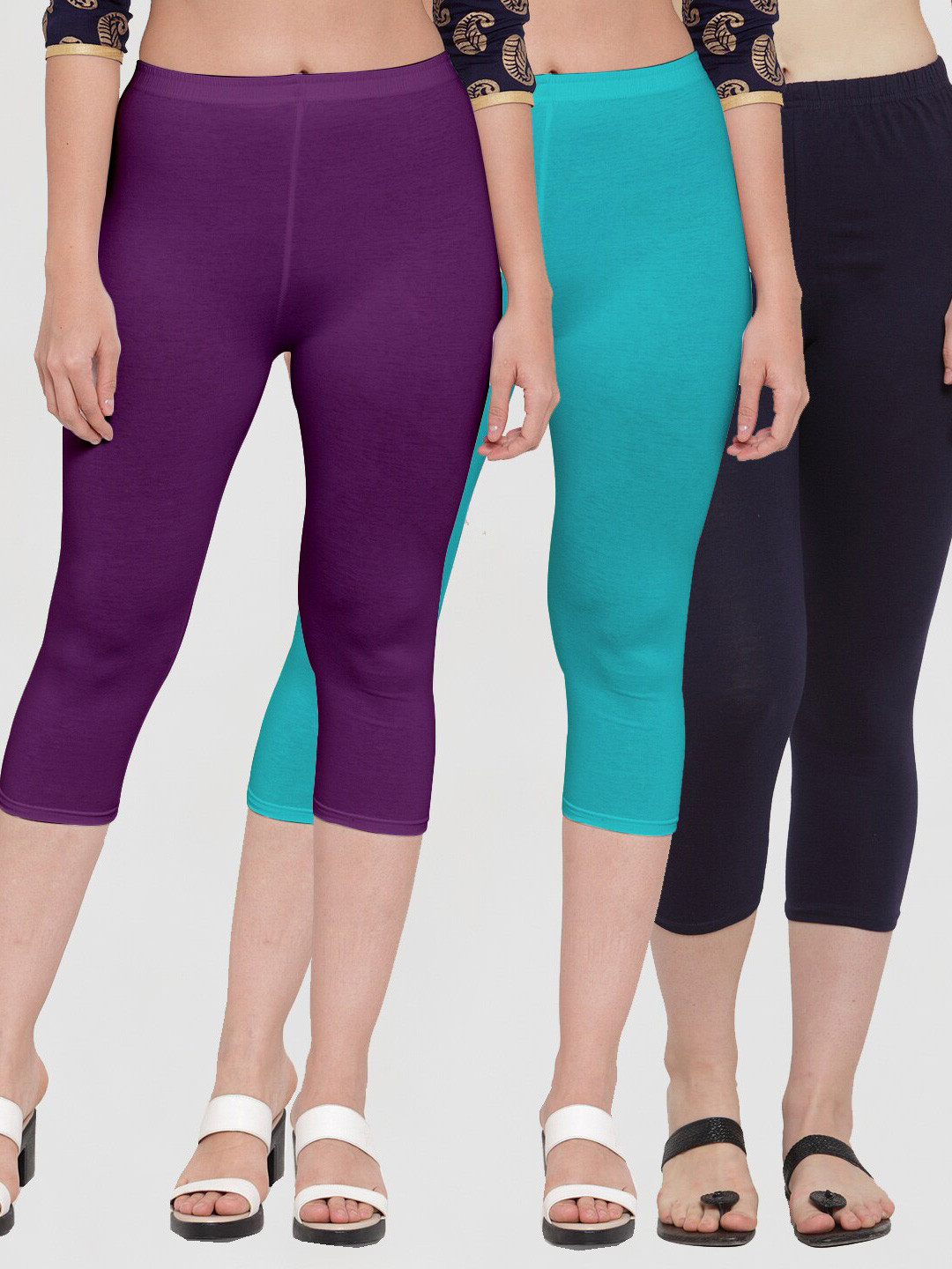 GRACIT Women Pack Of 3 Purple & Navy Blue Cotton Capris