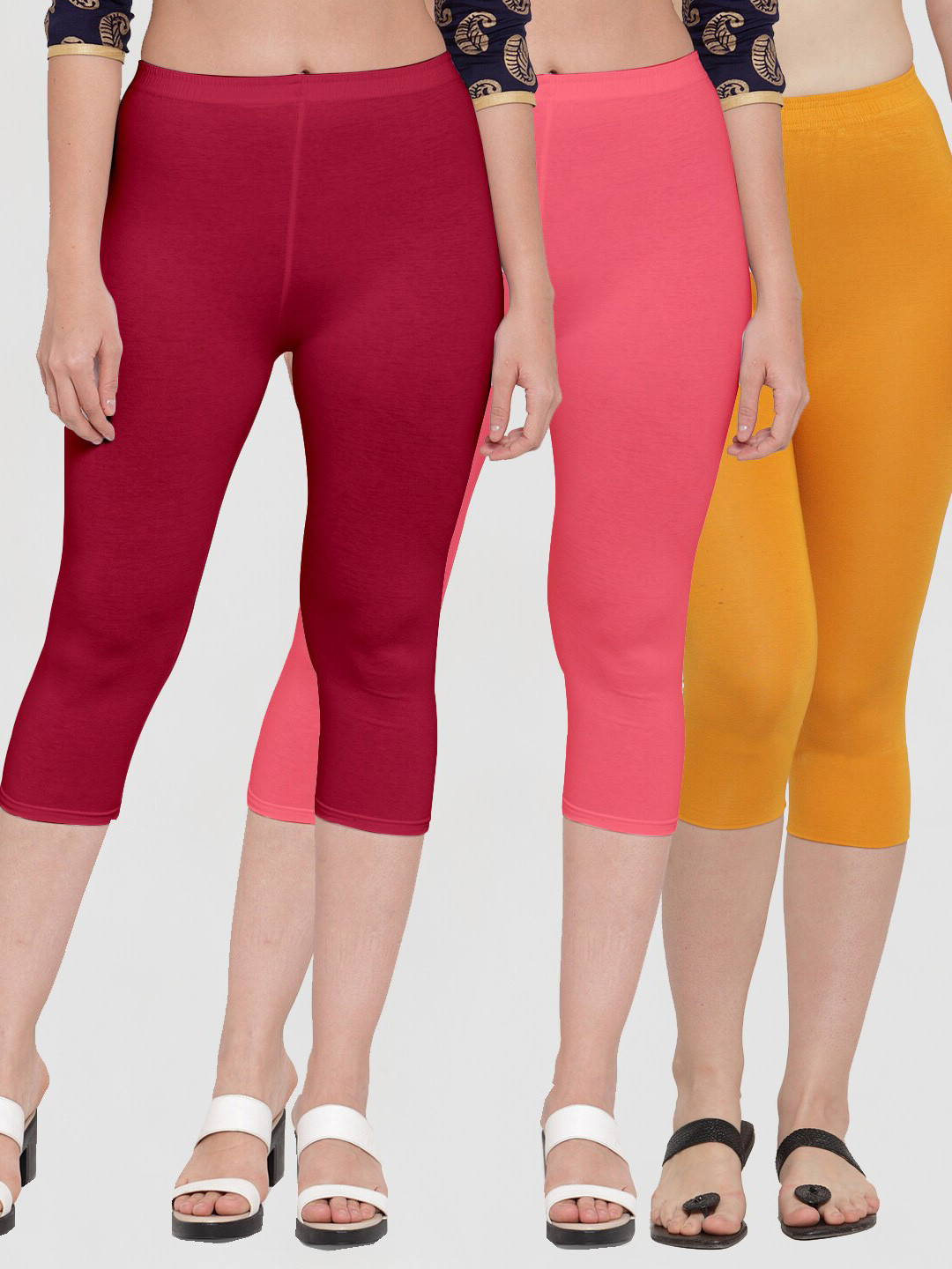 GRACIT Women Pack Of 3 Maroon & Pink Cotton Capris