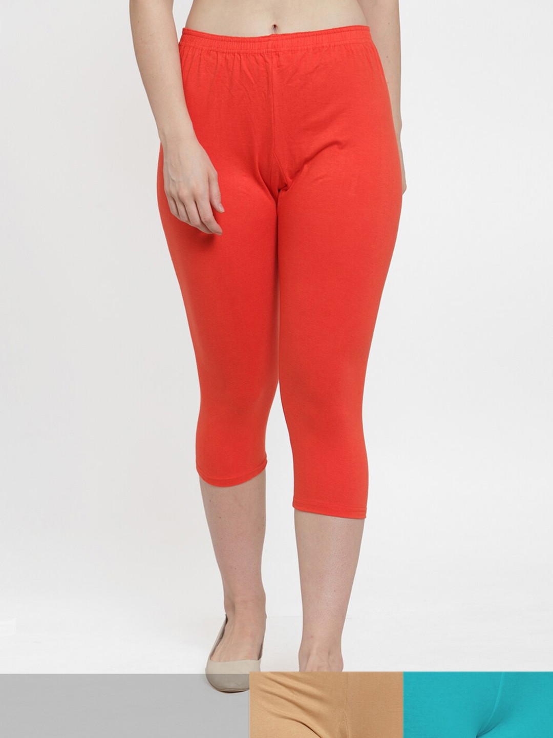 GRACIT Women Orange & Khaki Pack Of 3 Capris