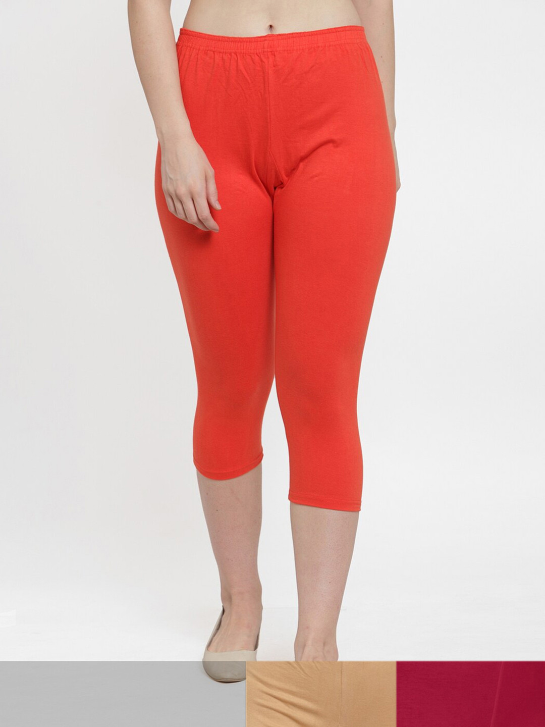 GRACIT Women Orange & Khaki Pack Of 3 Capris