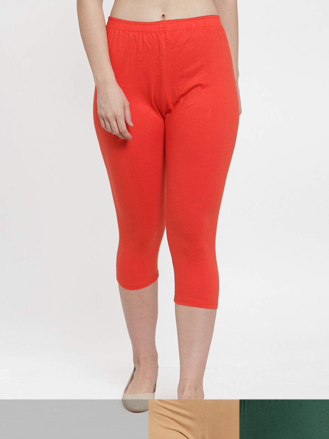 GRACIT Women Orange & Khaki Pack Of 3 Capris