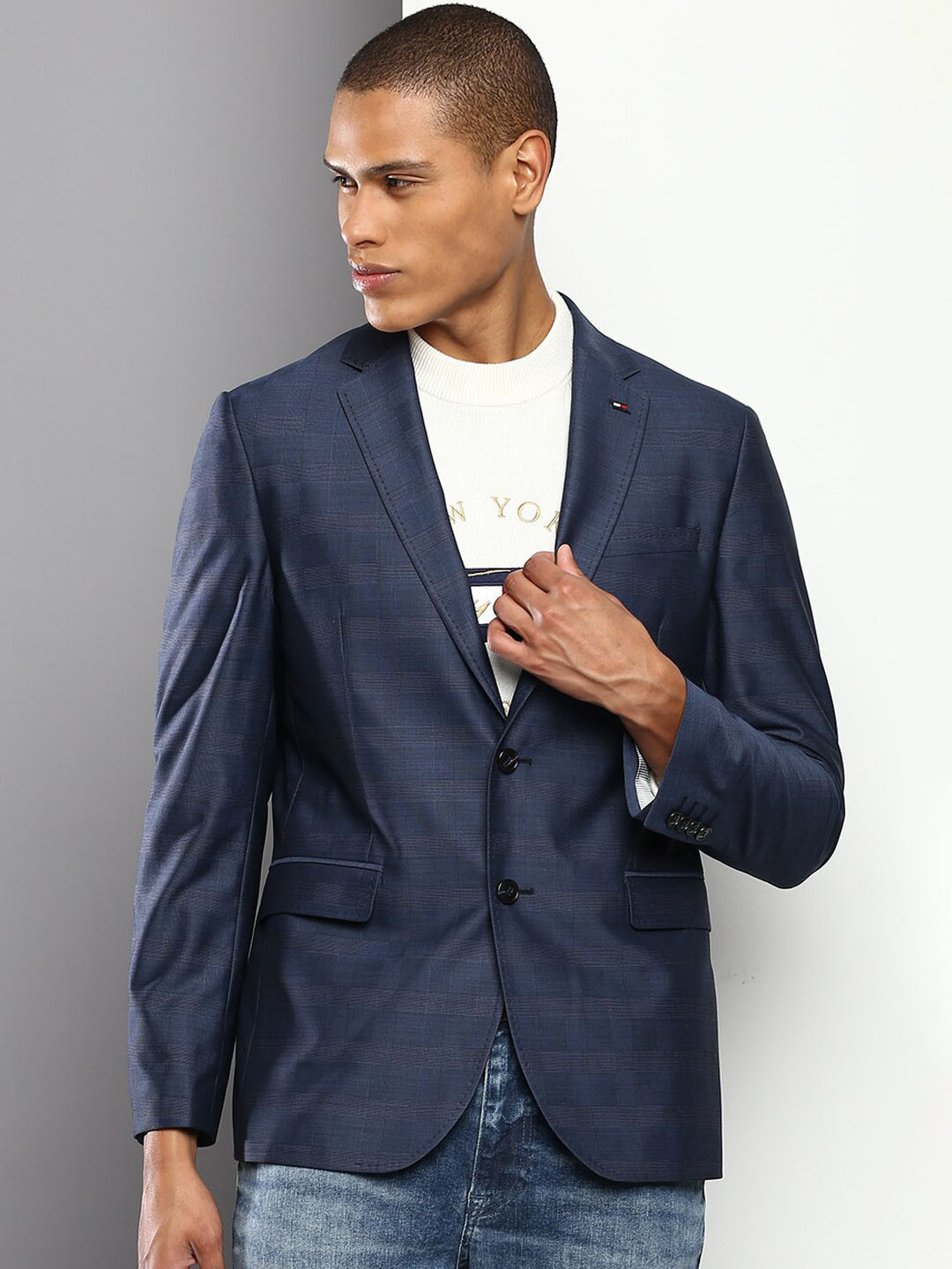 Tommy Hilfiger Men Navy Blue Striped Single-Breasted Blazer