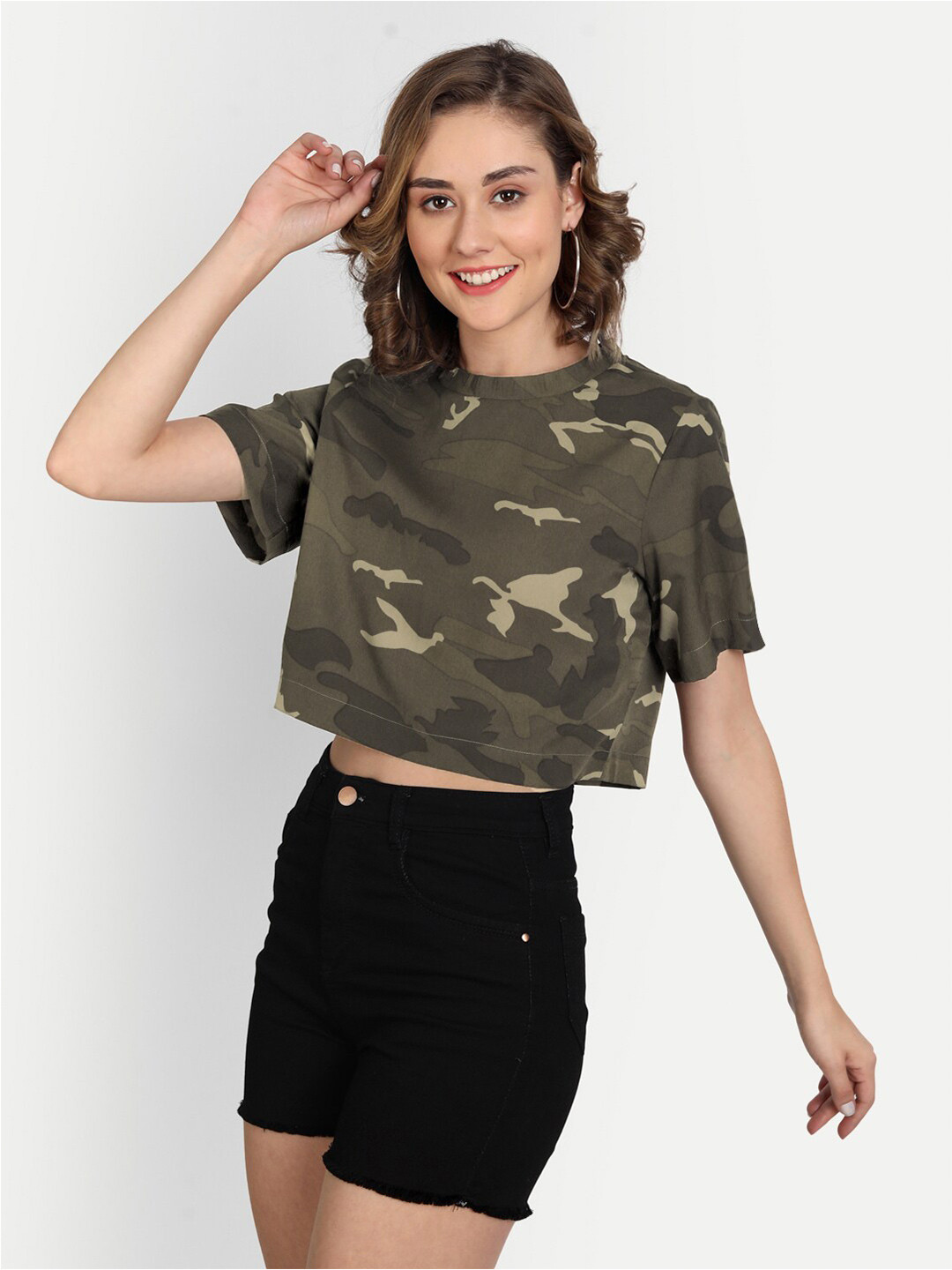 CHARMGAL Women Olive Green & Beige Camouflage Printed Oversized Crop T-shirt