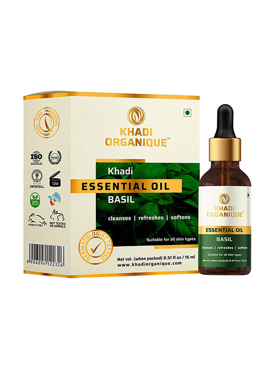 Khadi Organique Basil Essential Oil For Cleansing & Refreshing - 15ml