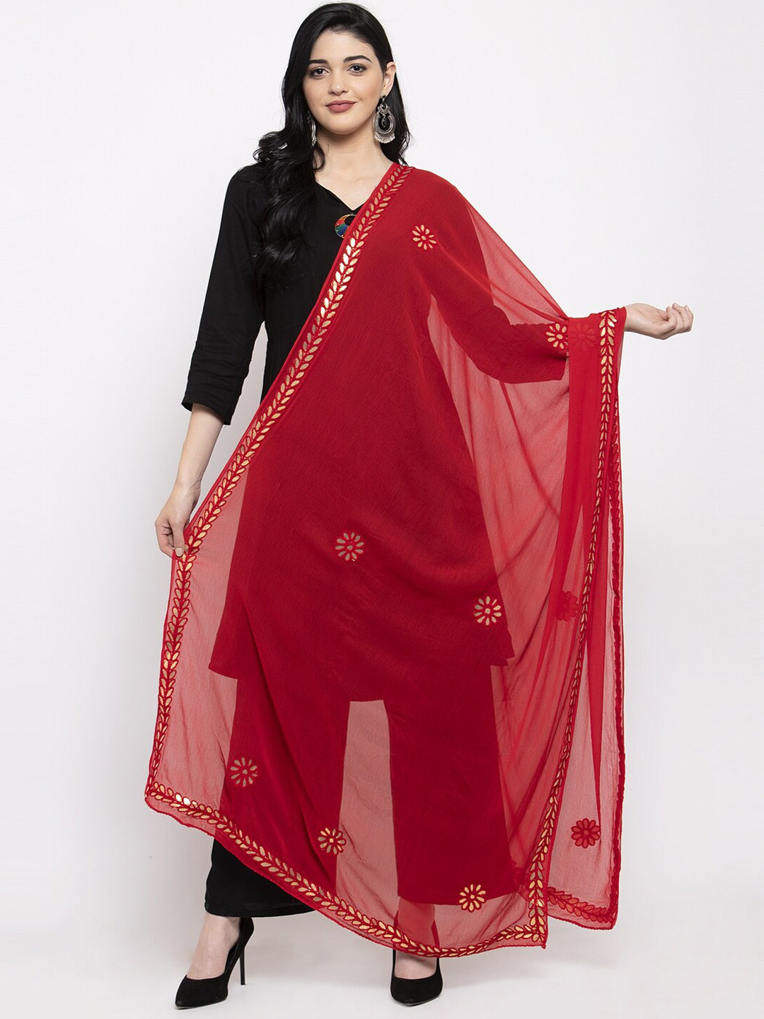 Clora Creation Red Embroidered Gotta Patti Dupatta