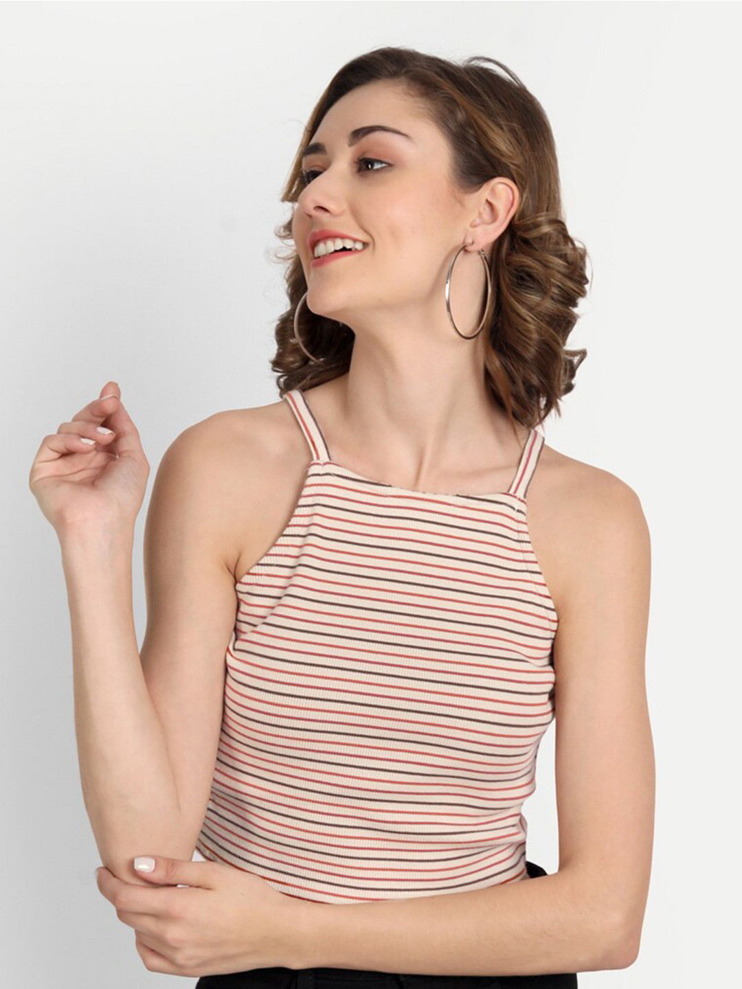 CHARMGAL Women Cream & Red Striped Pure Cotton Tube Crop Top