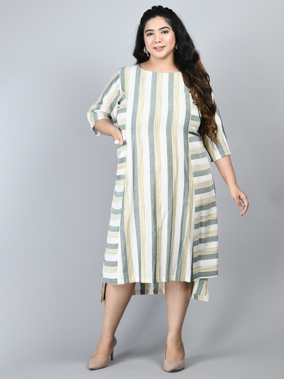 PrettyPlus by Desinoor.com Plus Size Green & White Striped A-Line Midi Dress