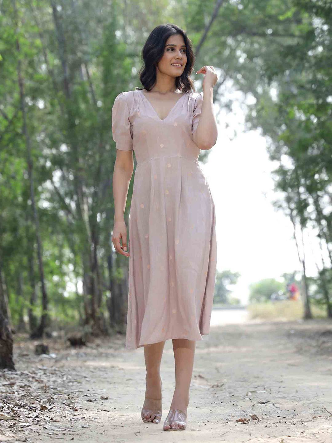 Kapraaha Women Beige Floral Embroidered A-Line Midi Dress