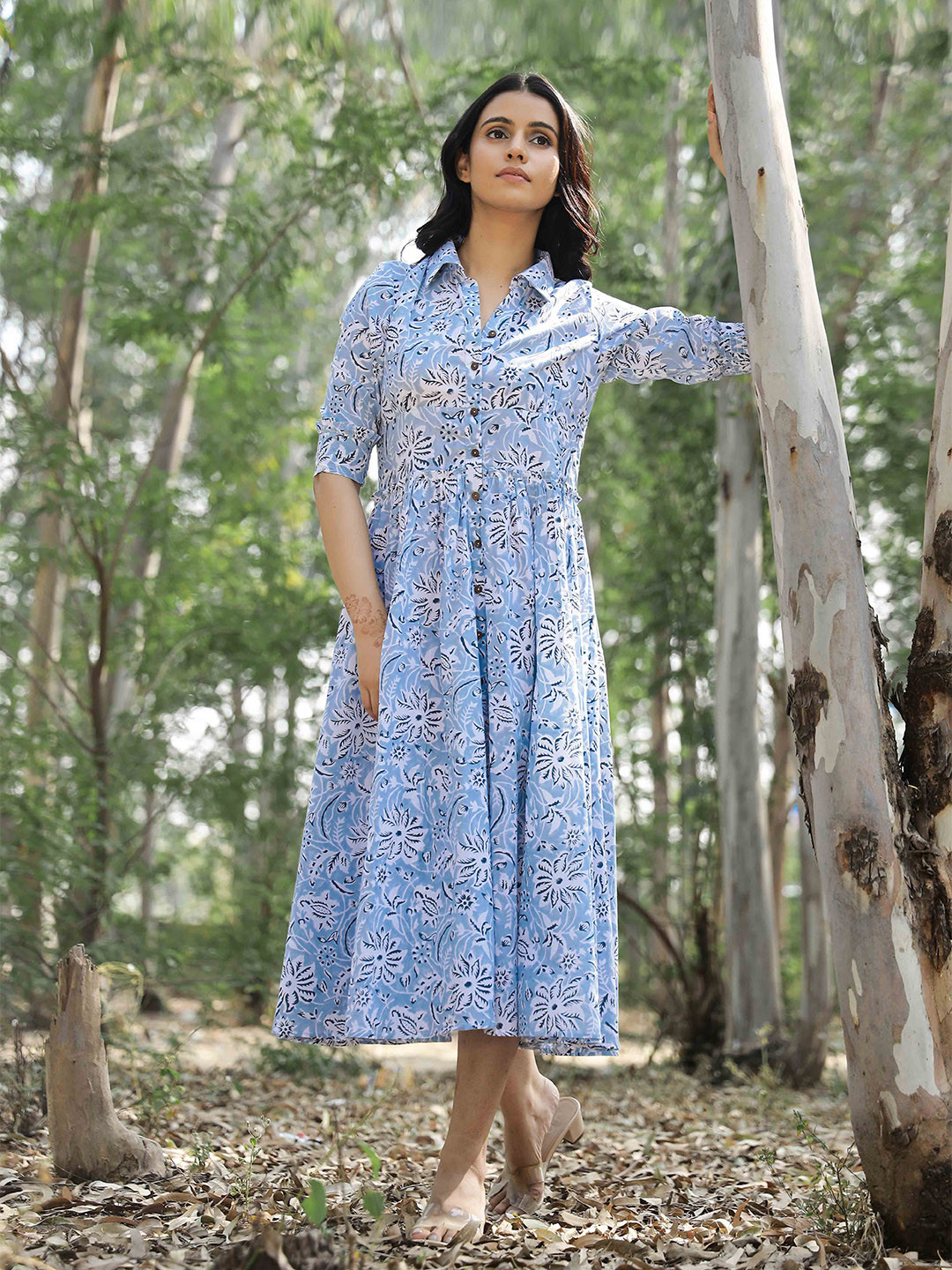 Kapraaha Women Blue Floral Shirt Dress