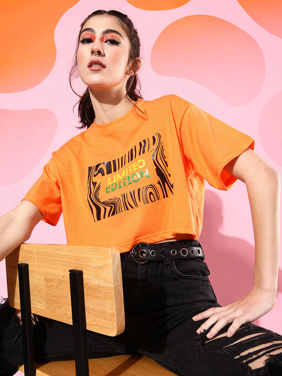 ANVI Be Yourself Orange & Black Printed Oversized T-shirt