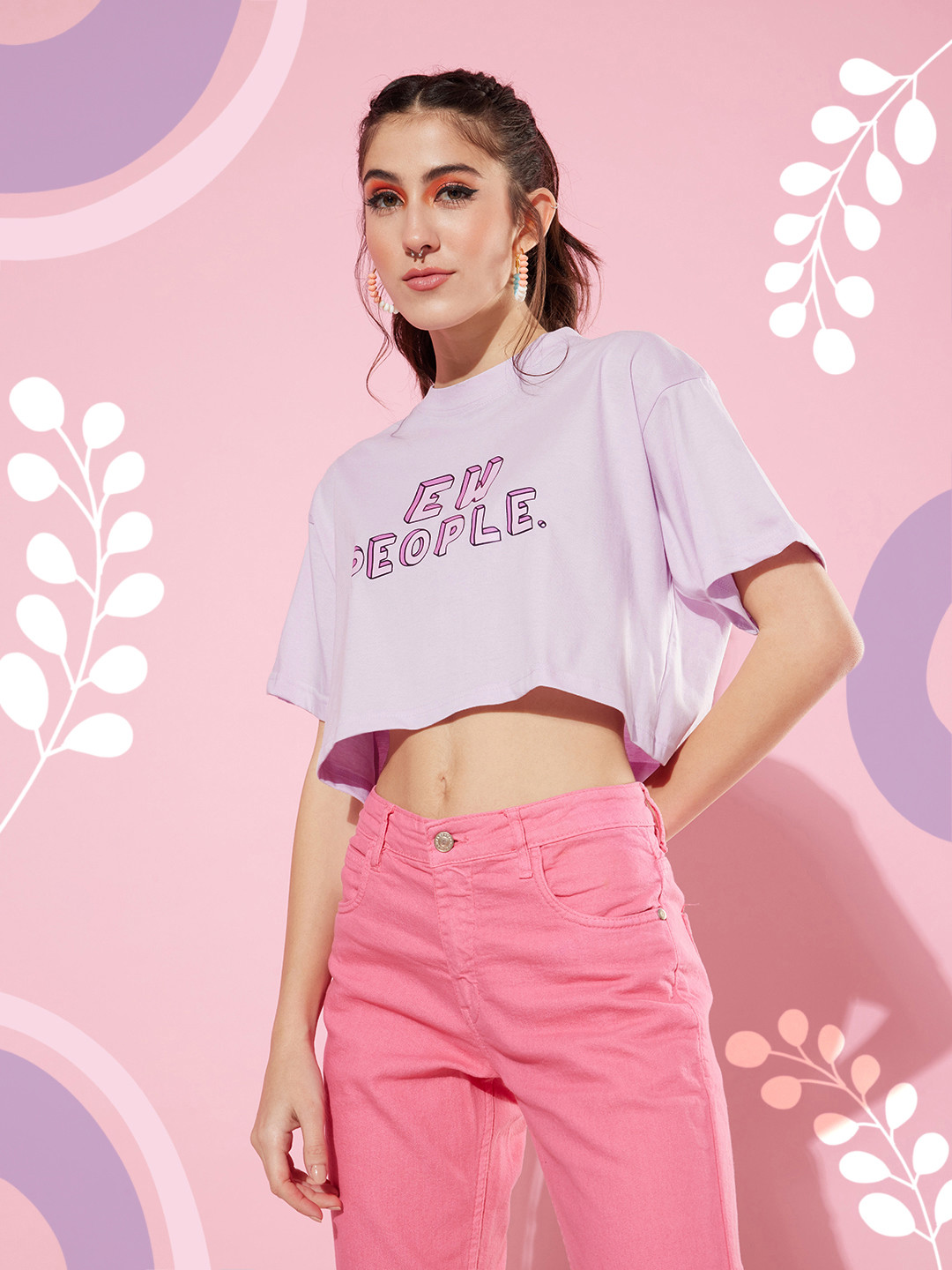 ANVI Be Yourself Women Lavender Typography Print Oversized T-shirt