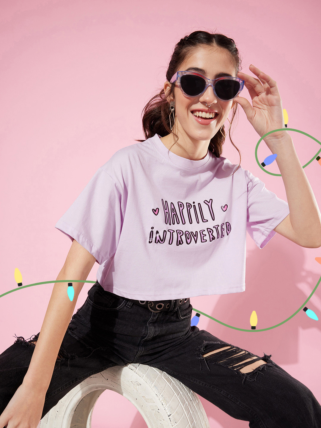 ANVI Be Yourself Women Lavender Typography Print Oversized T-shirt