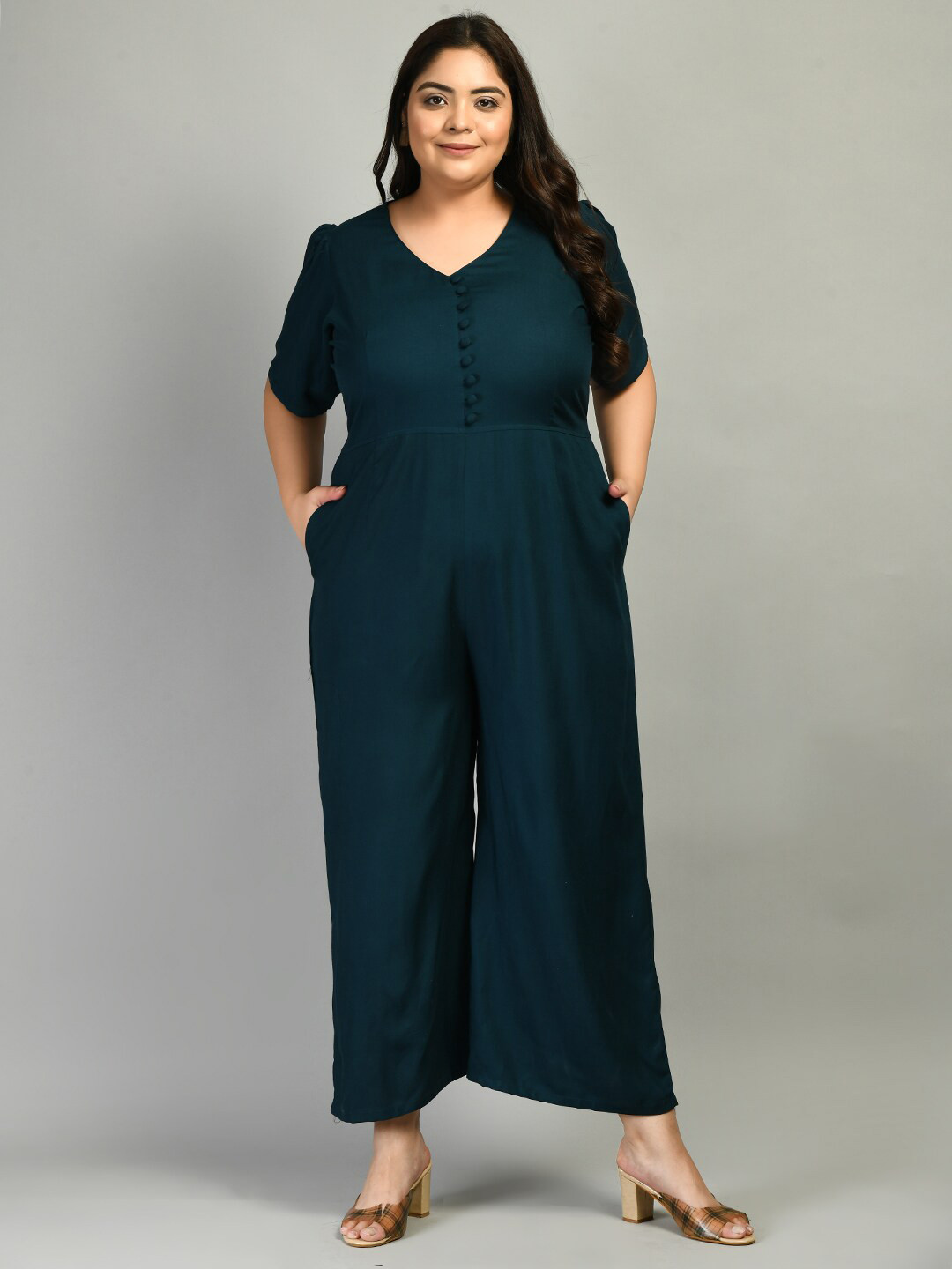 PrettyPlus by Desinoor.com Women Plus Size Teal Green Solid Basic Jumpsuit