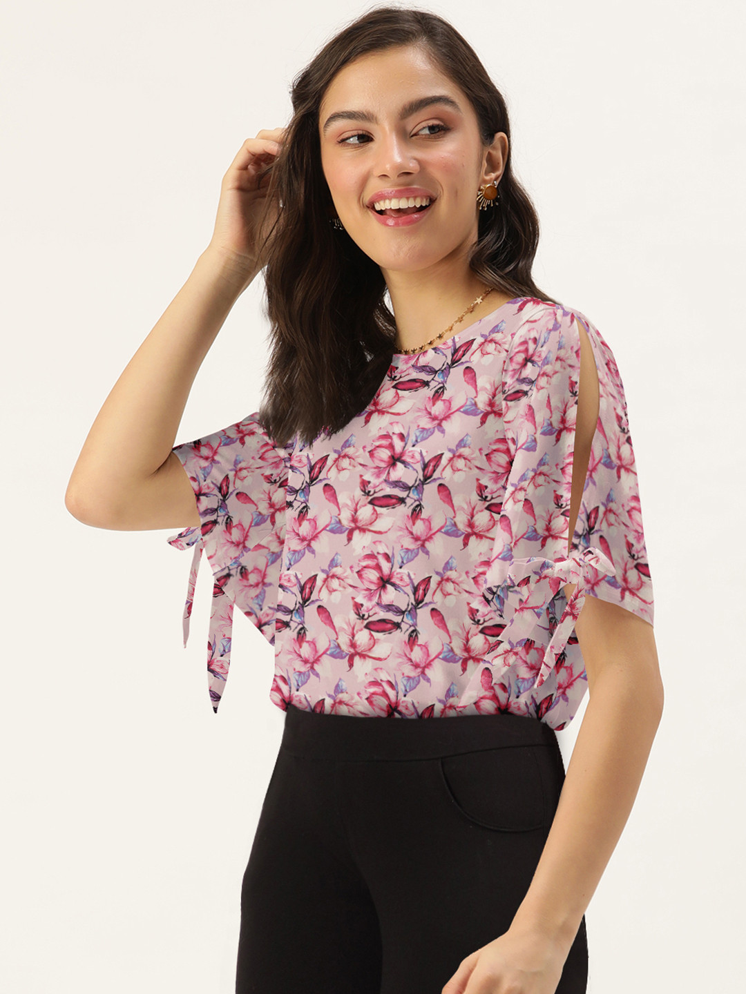 DressBerry Women Pink & Purple Floral Printed Boat Neck Top