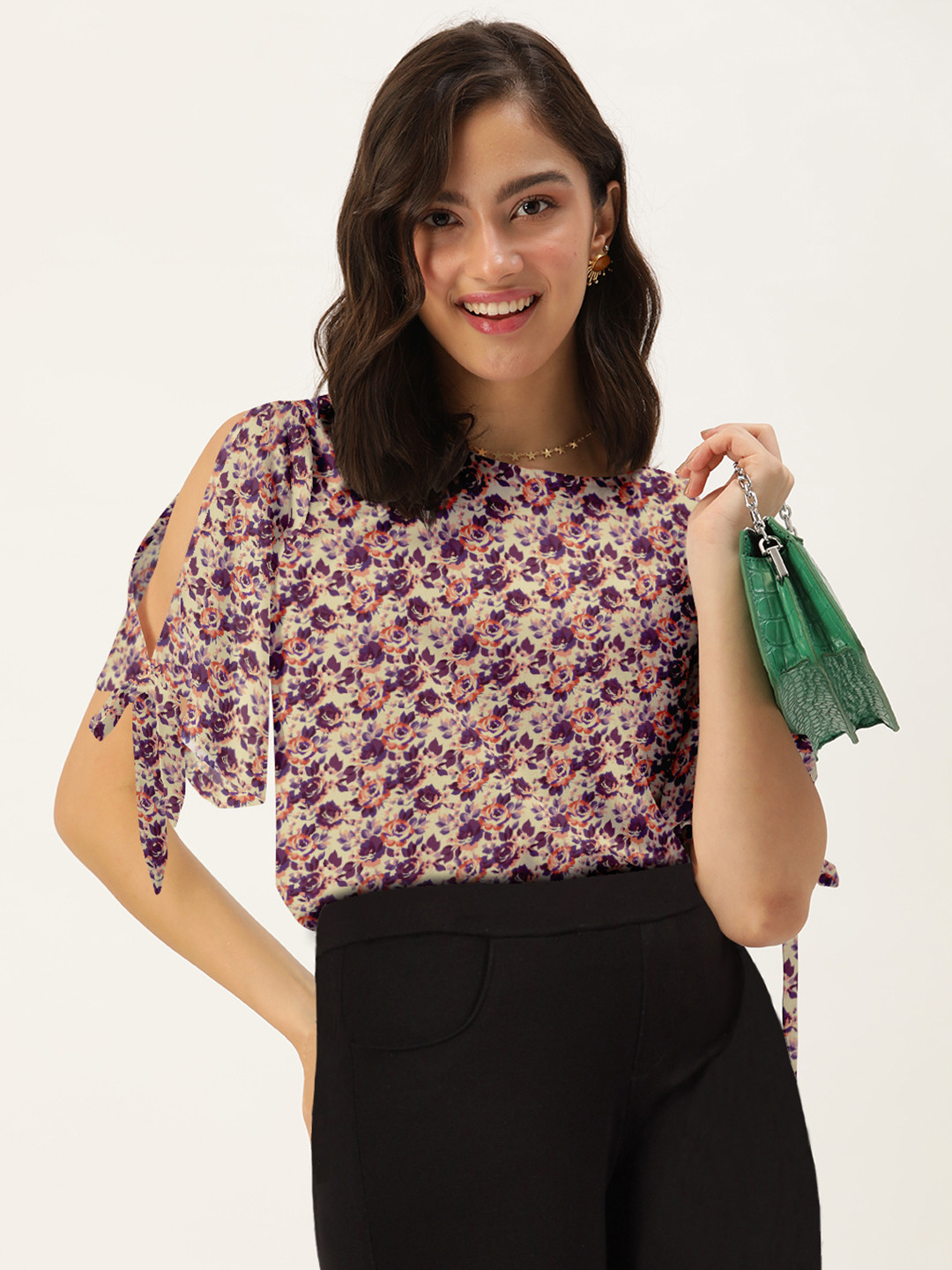 DressBerry Women Beige & Purple Floral Printed Boat Neck Top