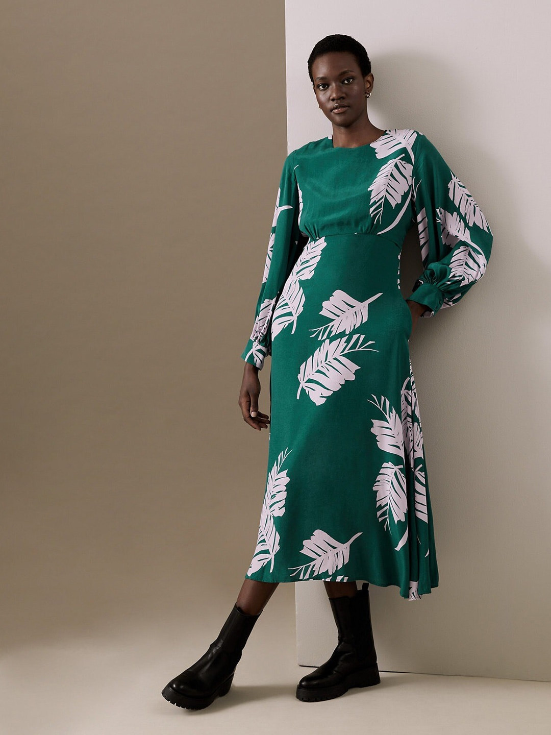 Marks & Spencer Green & White Floral A-Line Midi Dress