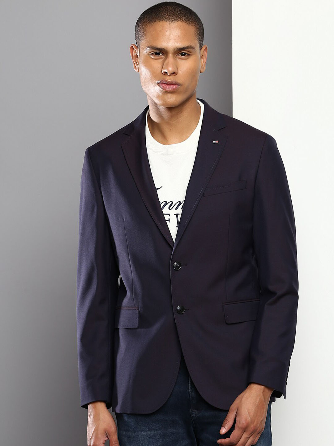 Tommy Hilfiger Men Navy Blue Solid Single-Breasted Casual Blazer