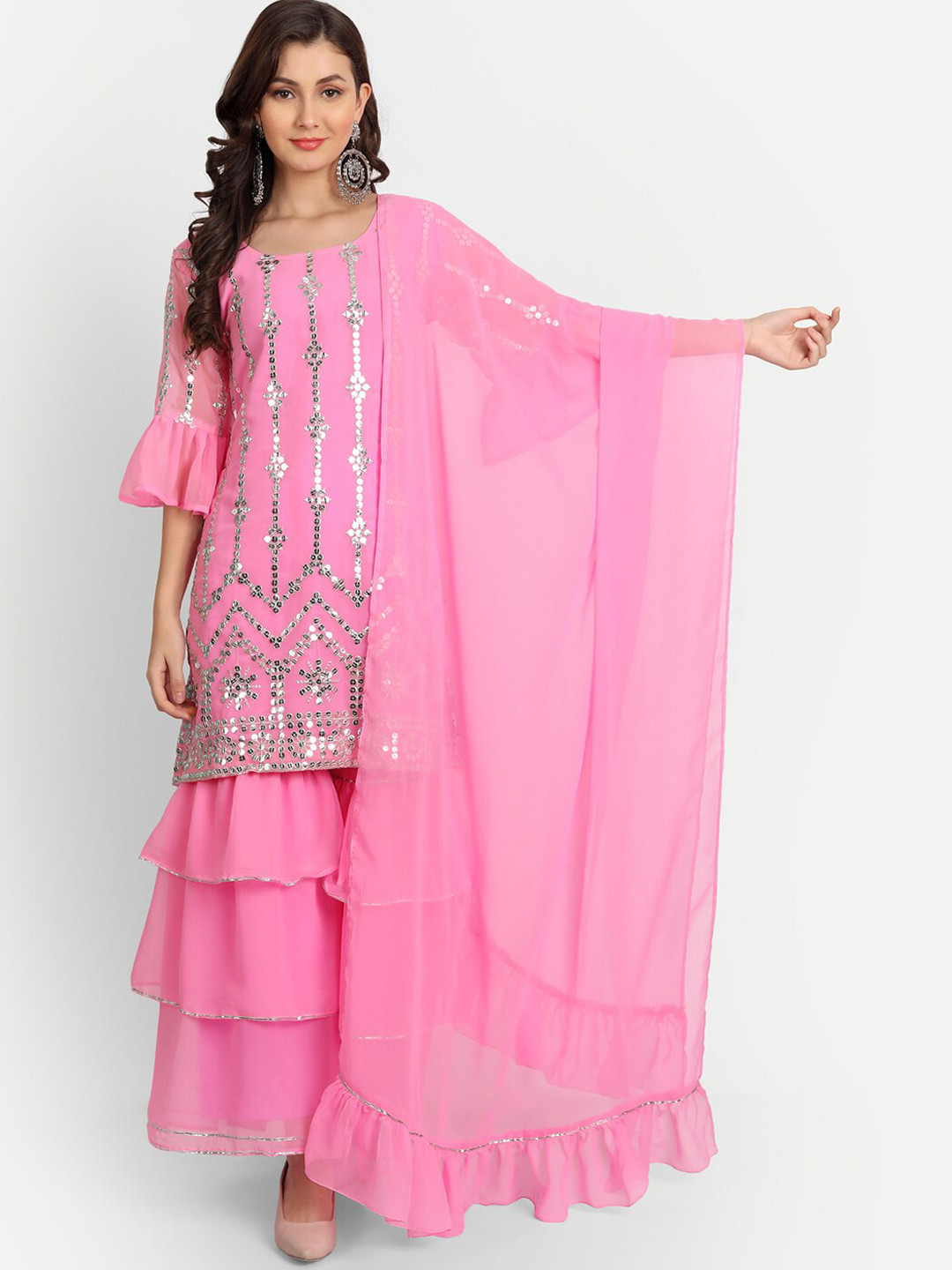 BCZ Style Women Pink Embroidered Pure Cotton Straight Kurta with Sharara & With Dupatta
