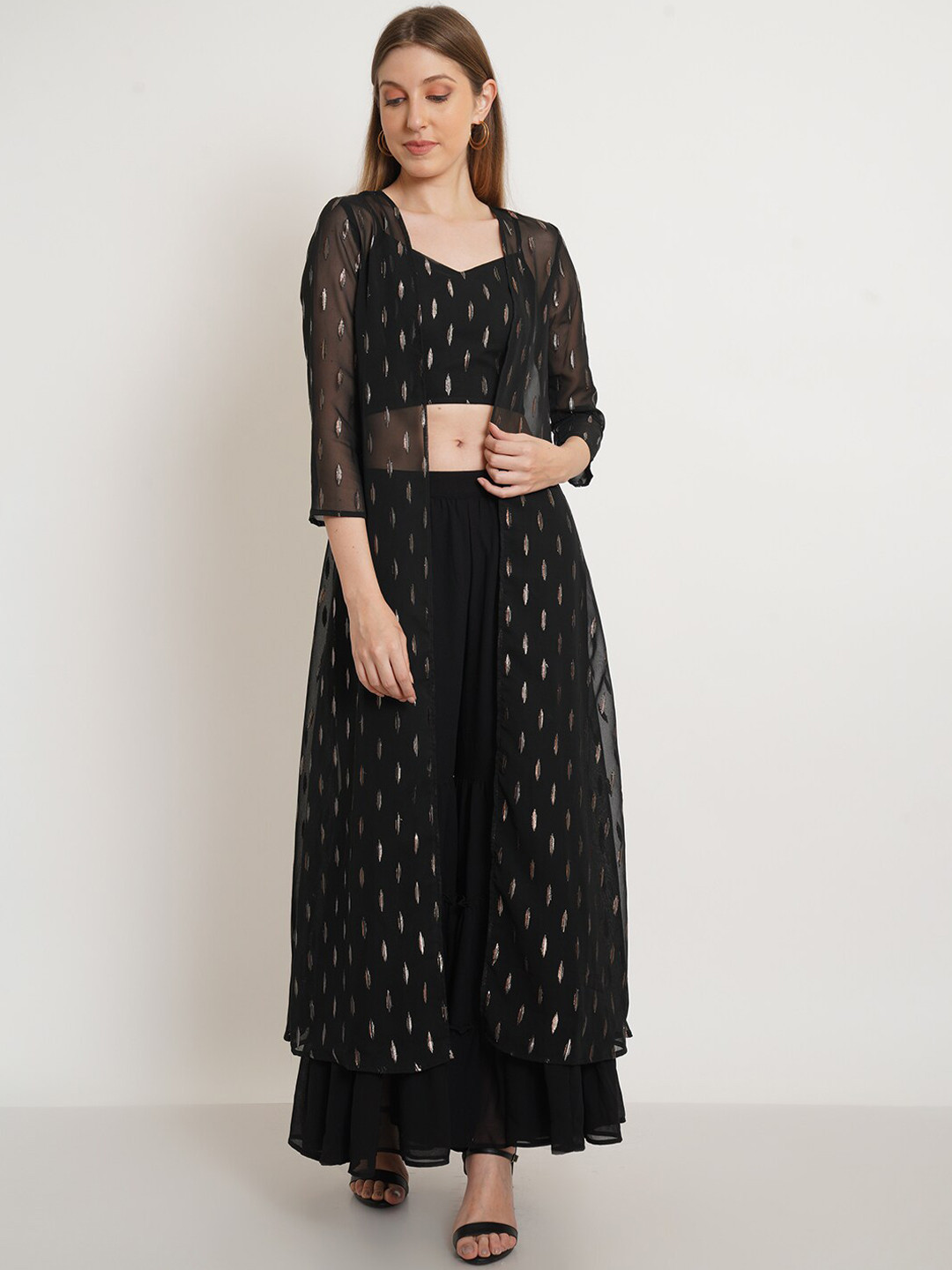 Purple State Women Black Woven Design Top & Sharara With Shrug