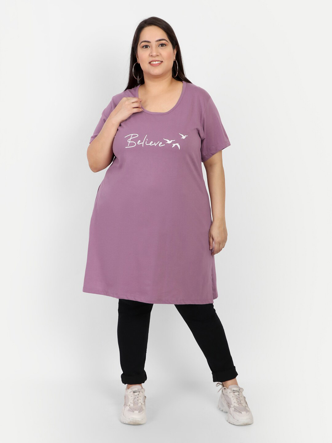 CUPID Women Plus Size Lavender Printed Longline Tshirt