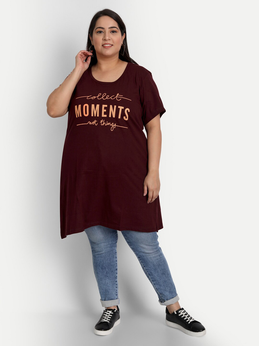 CUPID Women Plus Size Maroon Printed Longline Top