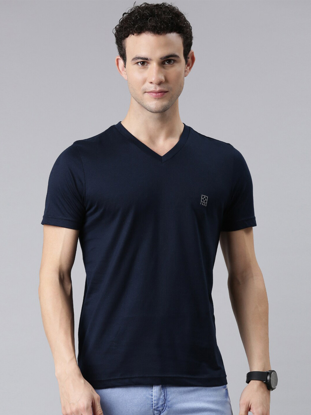 FASO Men Navy Blue Solid V-Neck Organic Cotton T-shirt