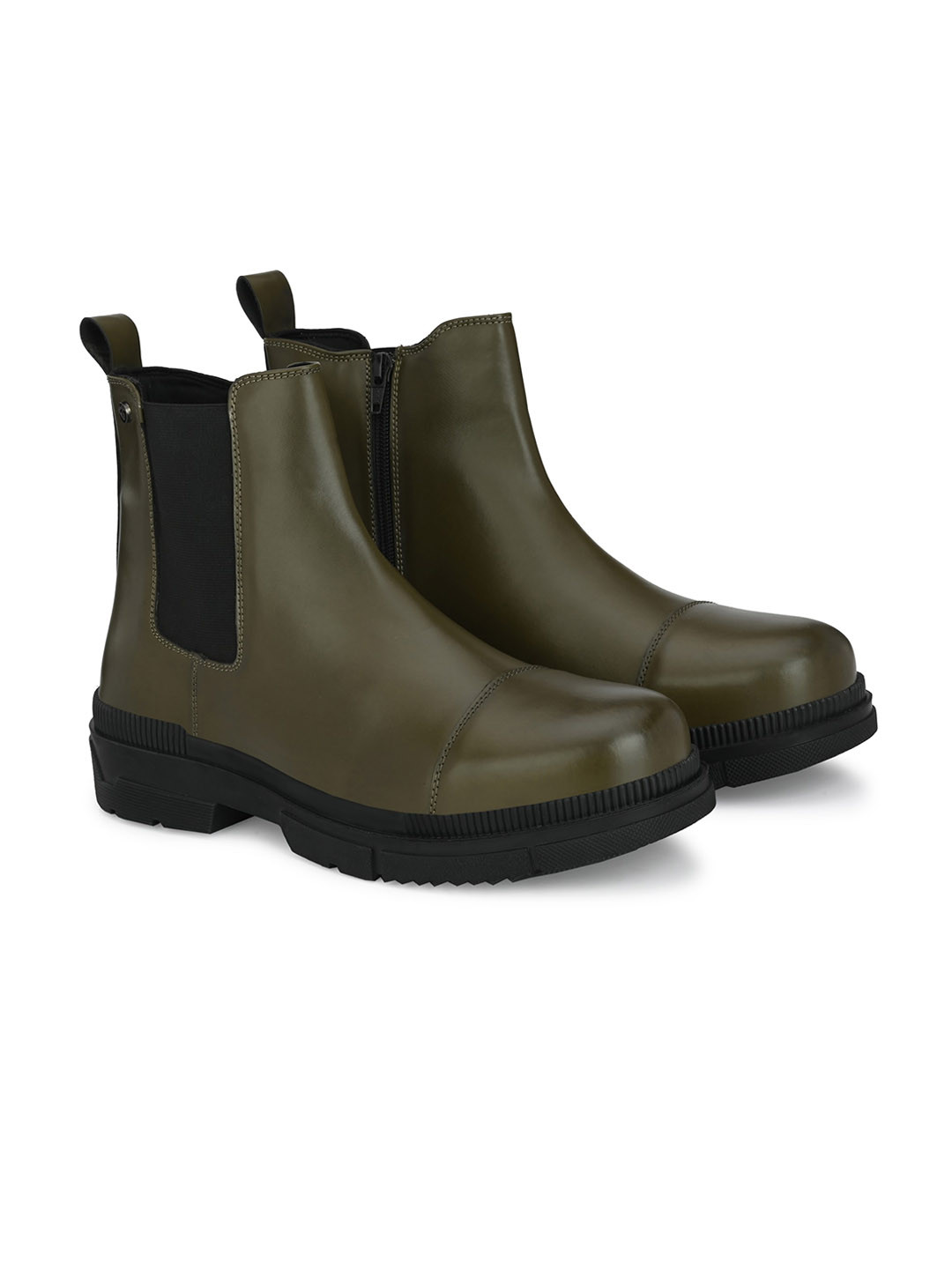 Delize Men Olive Green Solid Block Heels Chelsea Boots
