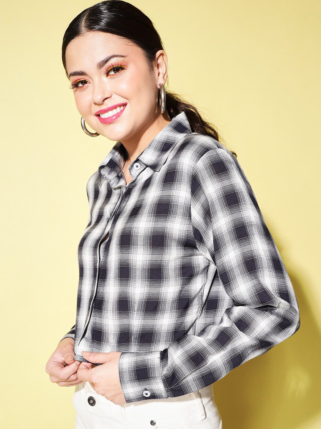 Trend Arrest Women Black Contemporary Tartan Checks Casual Shirt