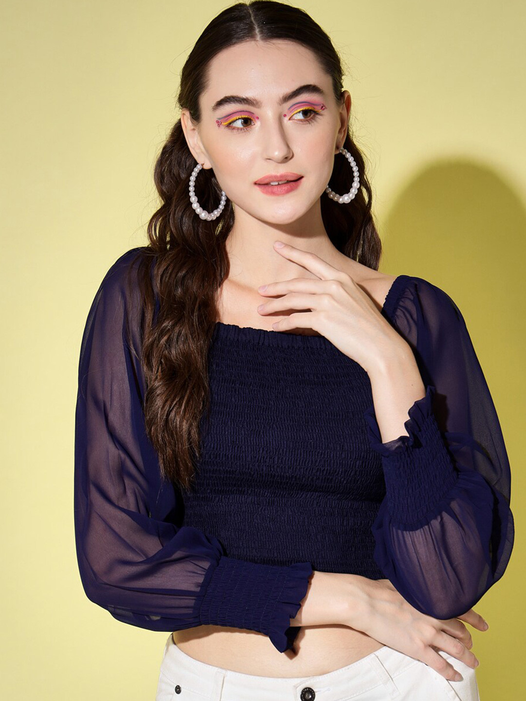 Trend Arrest Women Navy Blue Georgette Smocking Top