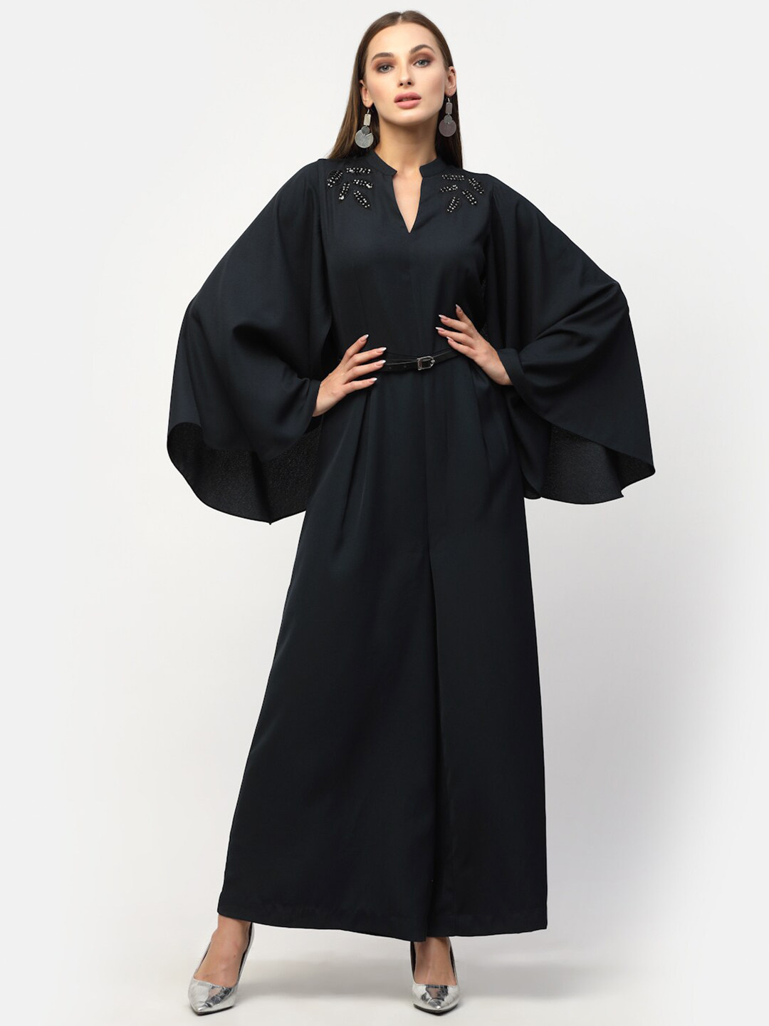 BLANC9 Navy Blue Sequins Embellished Belted Party Basic Jumpsuit