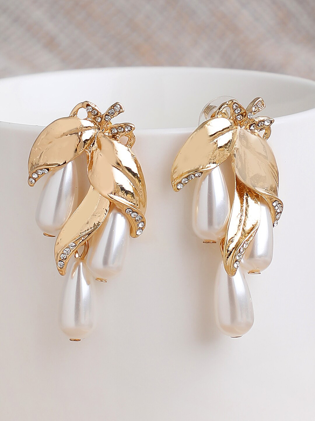 SOHI Gold Plated & White Contemporary Drop Earrings