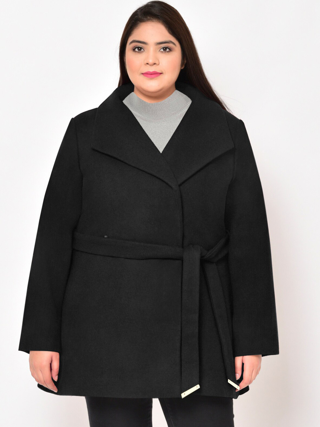 wild U Women Black Solid Plus Size Pure Wool Coat