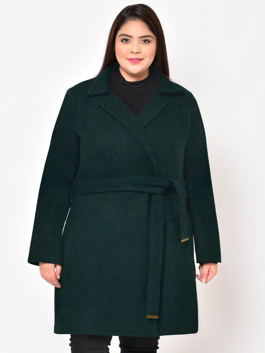 wild U Women Green Solid Plus Size Pure Wool Coat