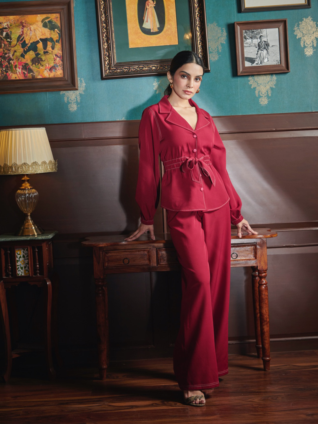 Style Island Women Maroon Smart Straight Fit High-Rise Easy Wash Trousers