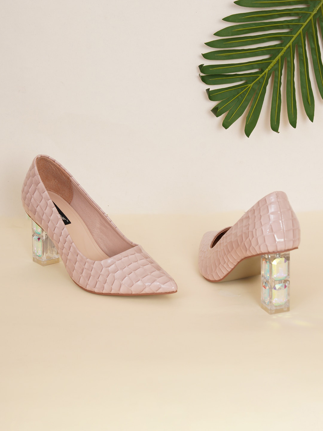 Sherrif Shoes Nude Textured Block Pumps Heels