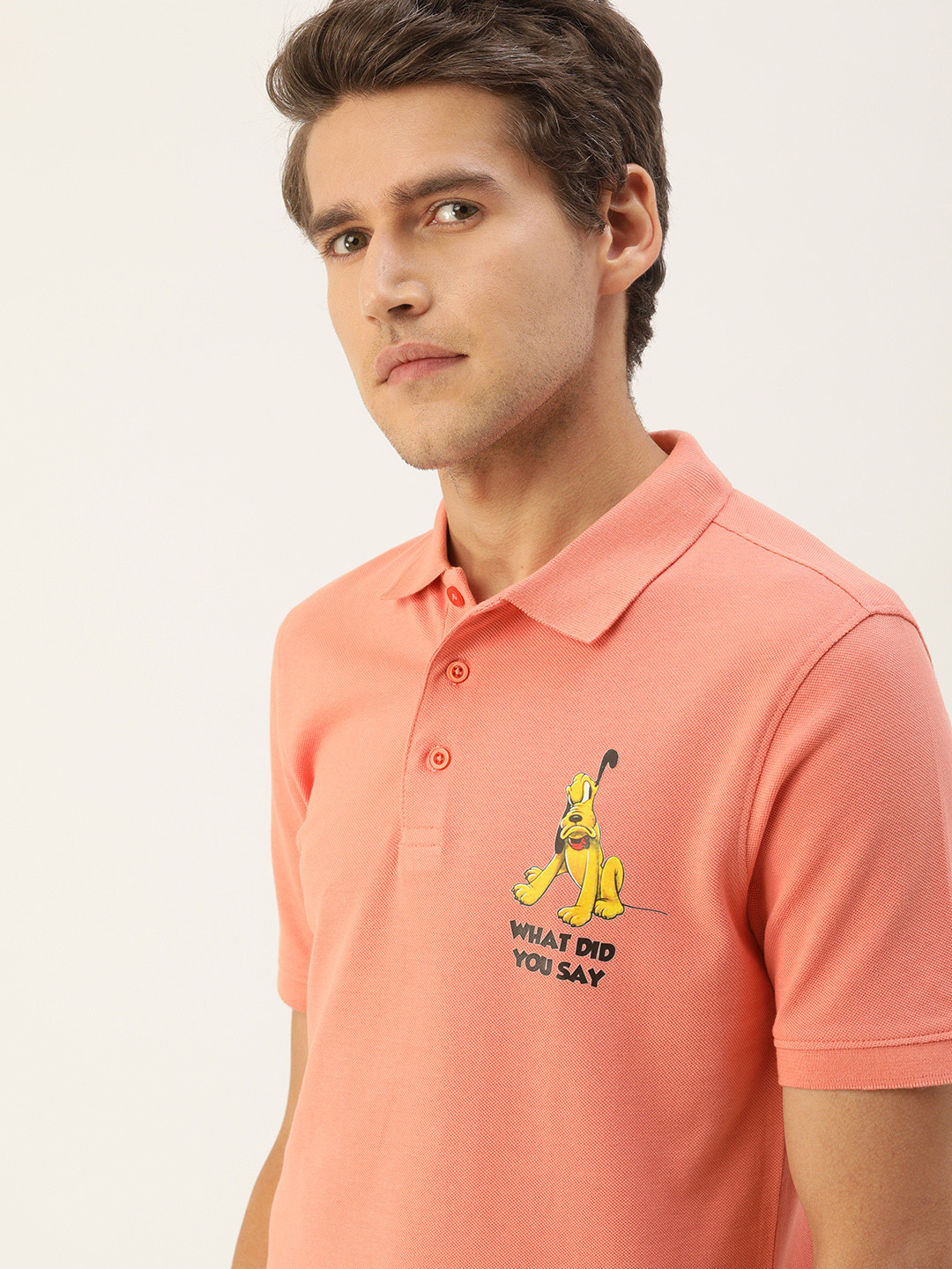 Kook N Keech Disney Men Peach-Coloured Pluto Print Polo Collar Pure Cotton T-shirt