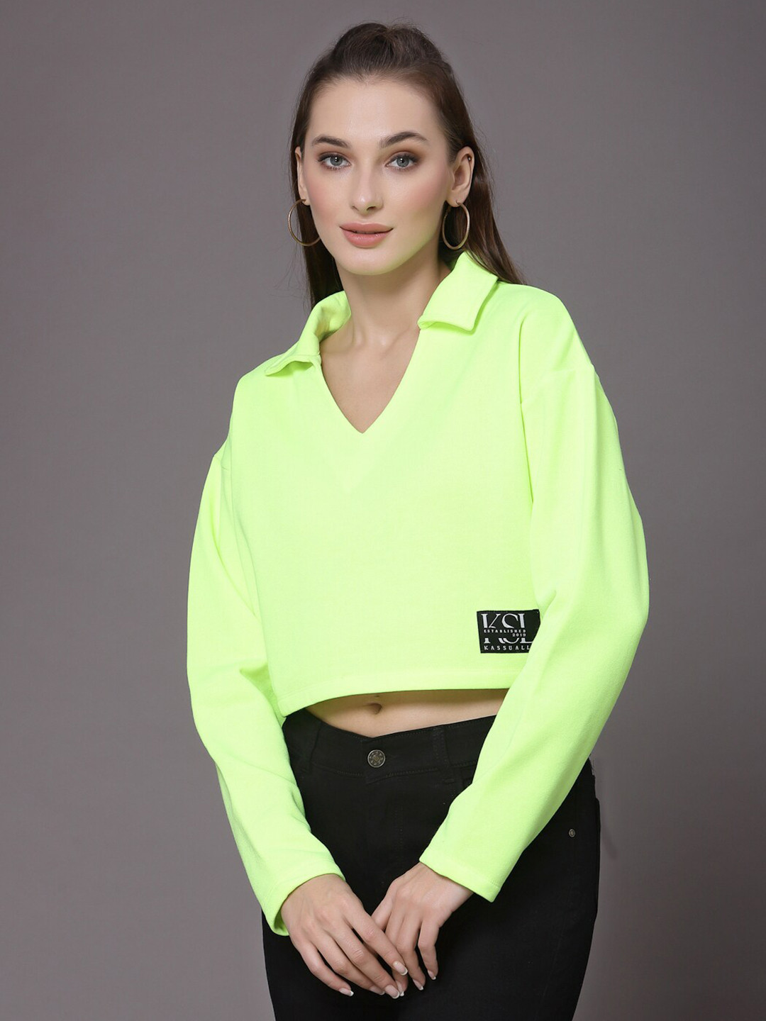 KASSUALLY Women Green Cotton Crop Sweatshirt