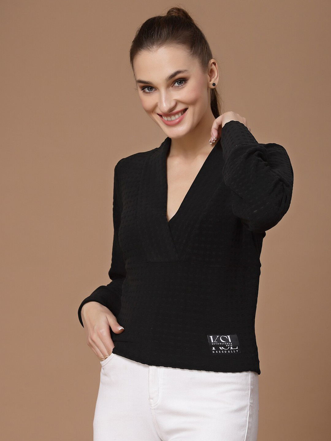 KASSUALLY Black Wrap V Neck Fitted Top