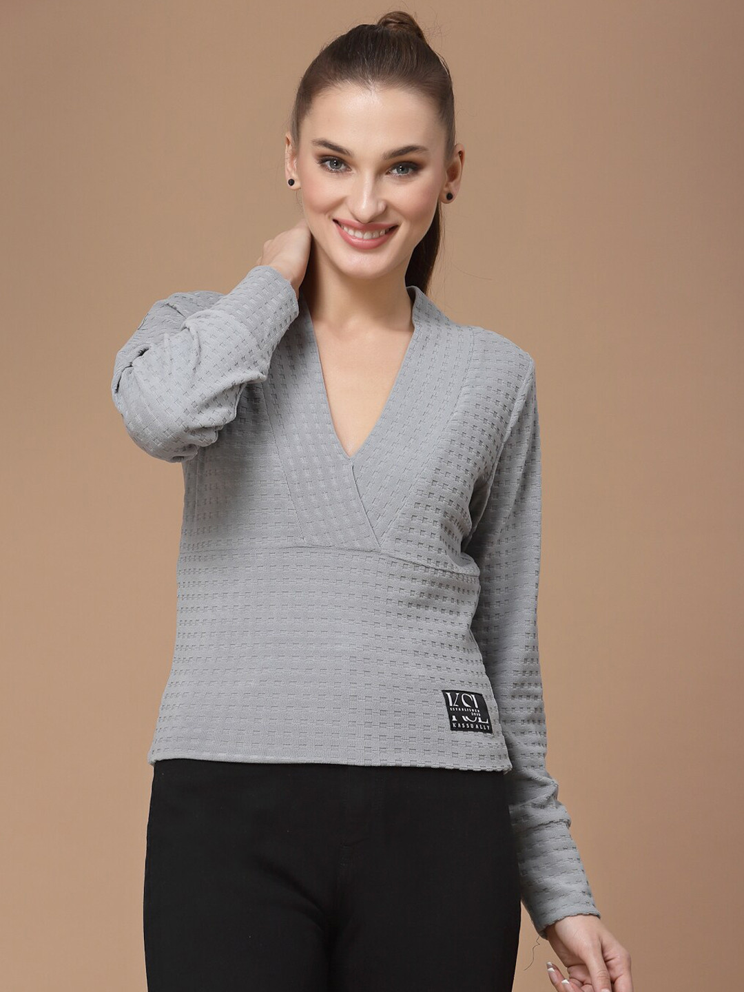 KASSUALLY Grey Wrap V Neck Fitted Top