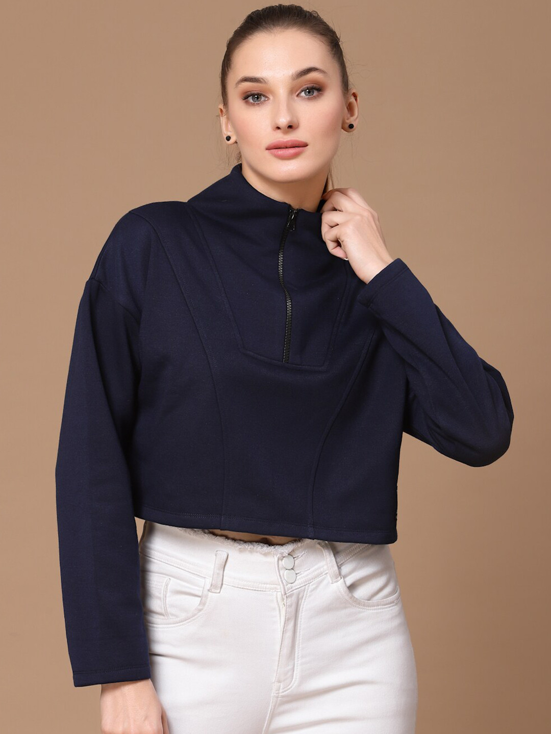 KASSUALLY Women Navy Blue Loose Boxy Fit High Neck Cotton Sweatshirt