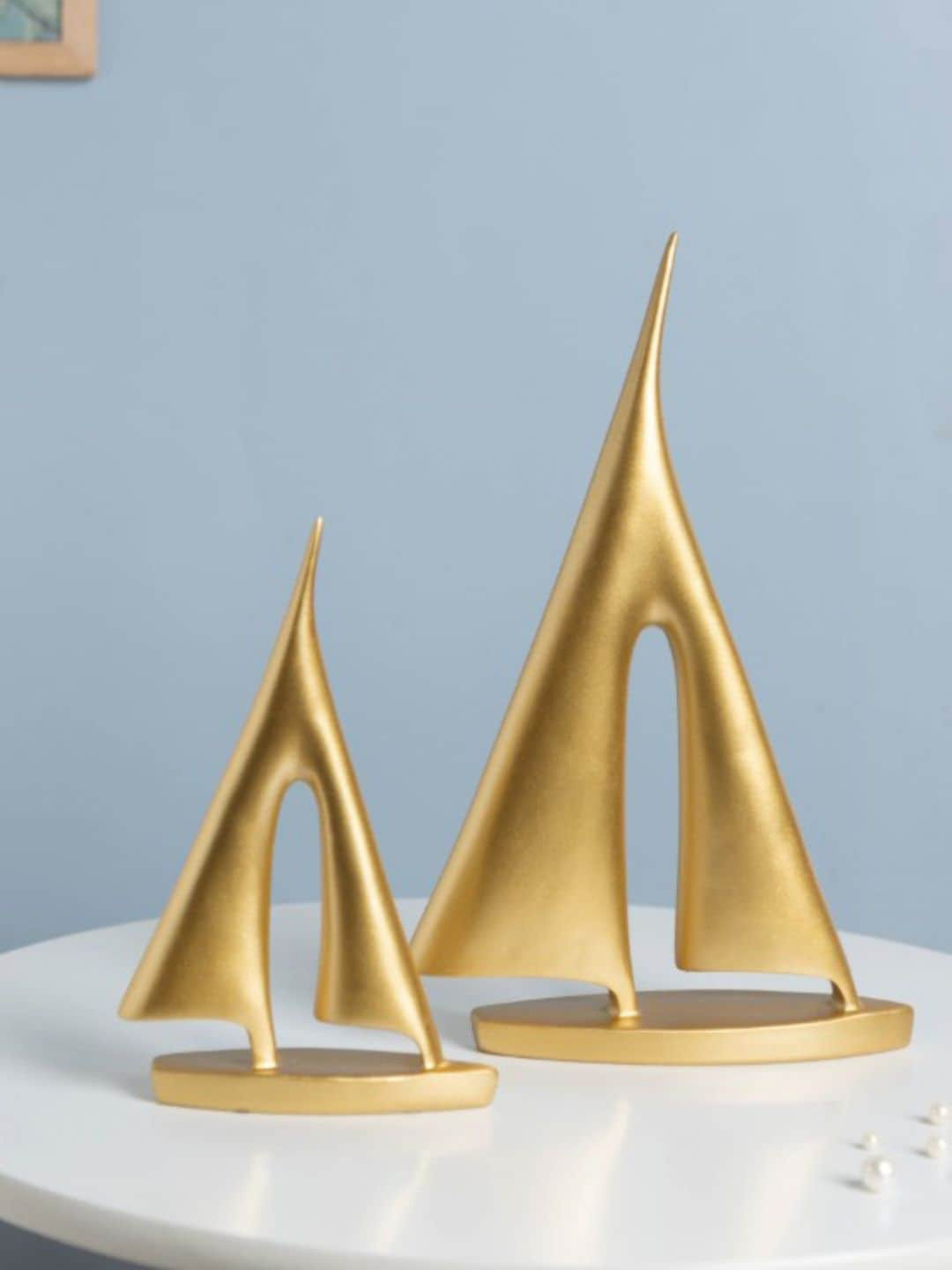 Nestasia Sailing Ship Gold Resin Natural Living Room Set of 2 Medium Showpieces - 11.8 Inches