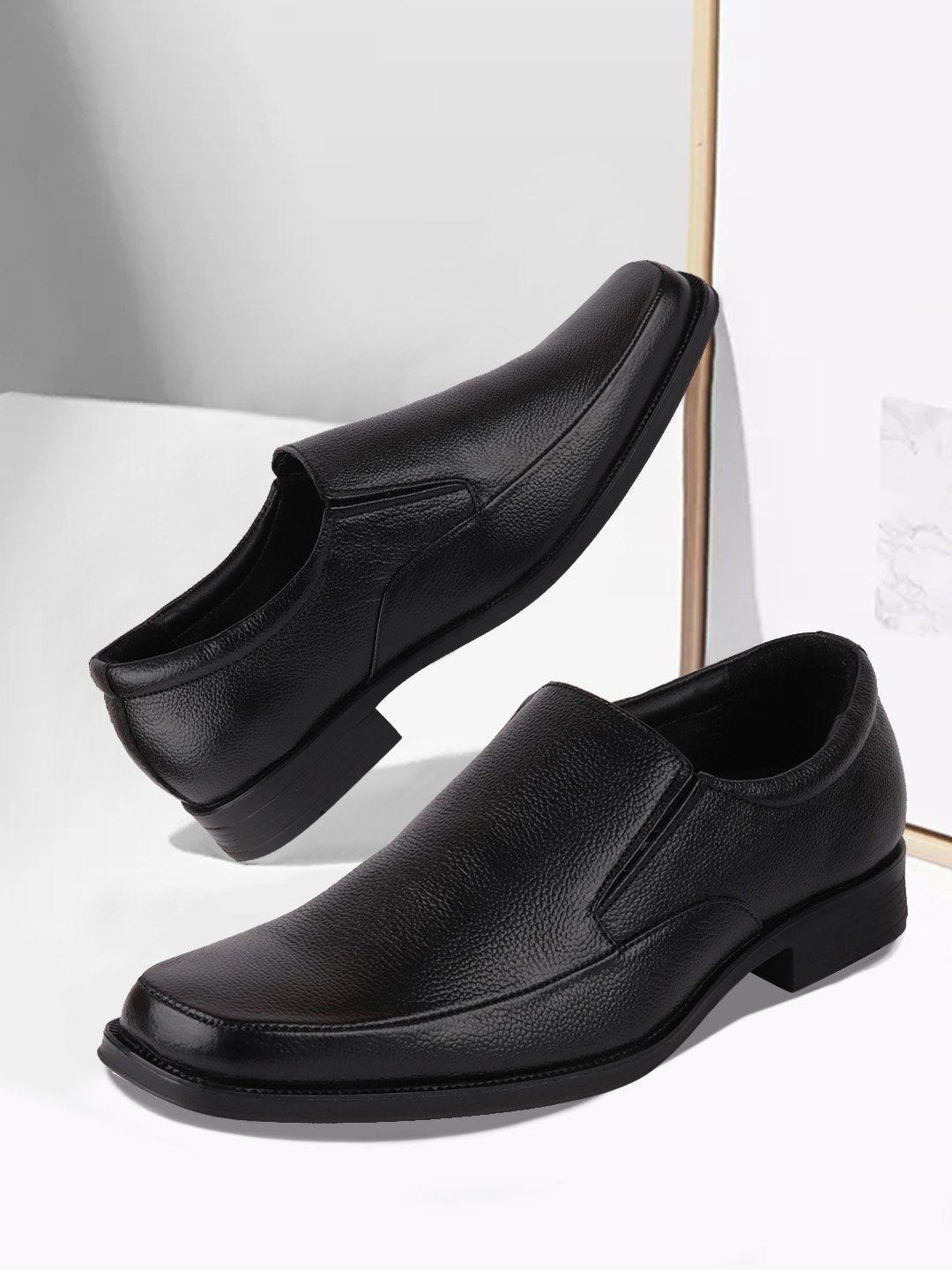 FAUSTO Men Black Solid Genuine Leather Formal Slip-On Shoes