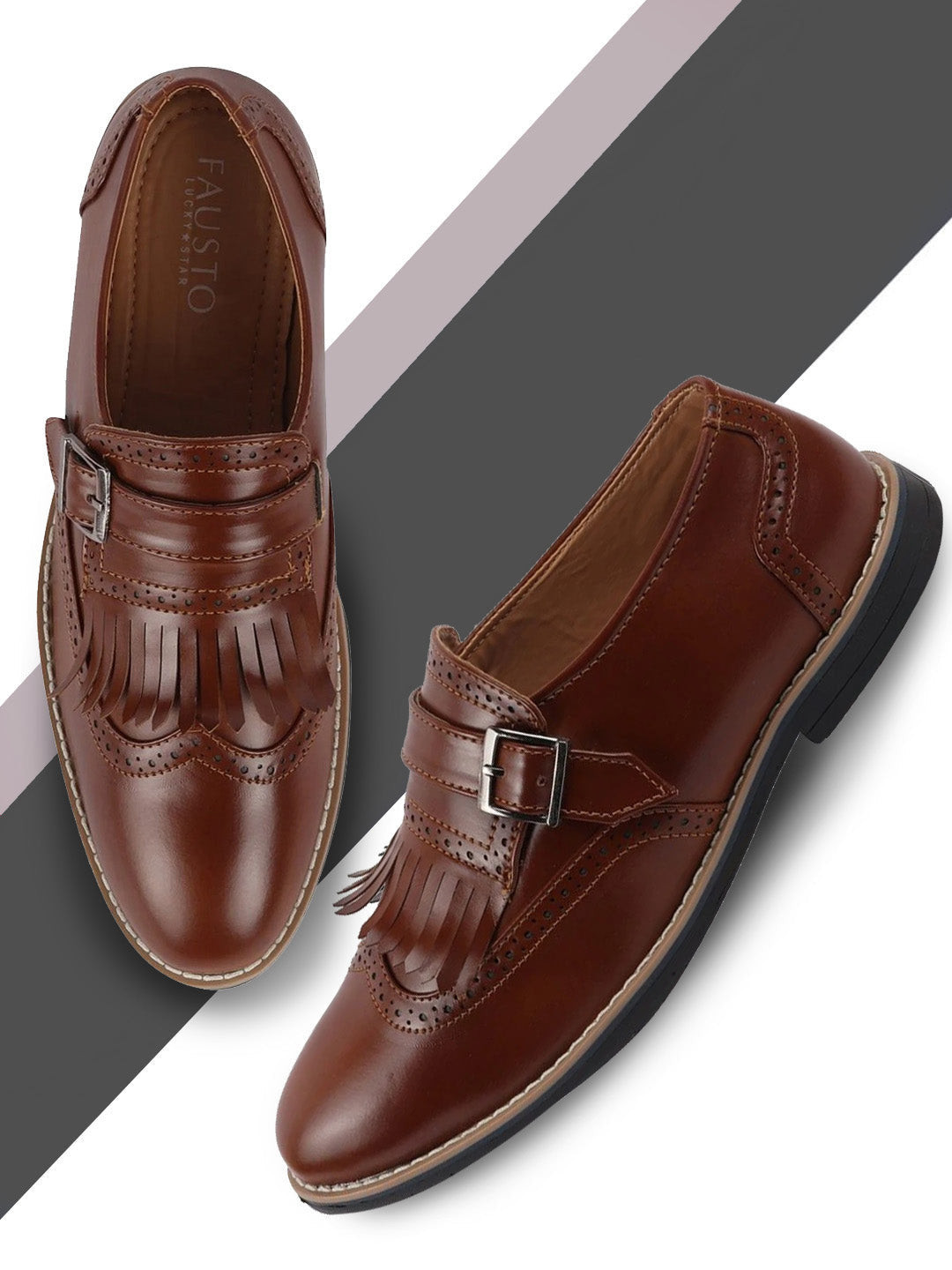 FAUSTO Men Tan PU Buckles Formal Shoes
