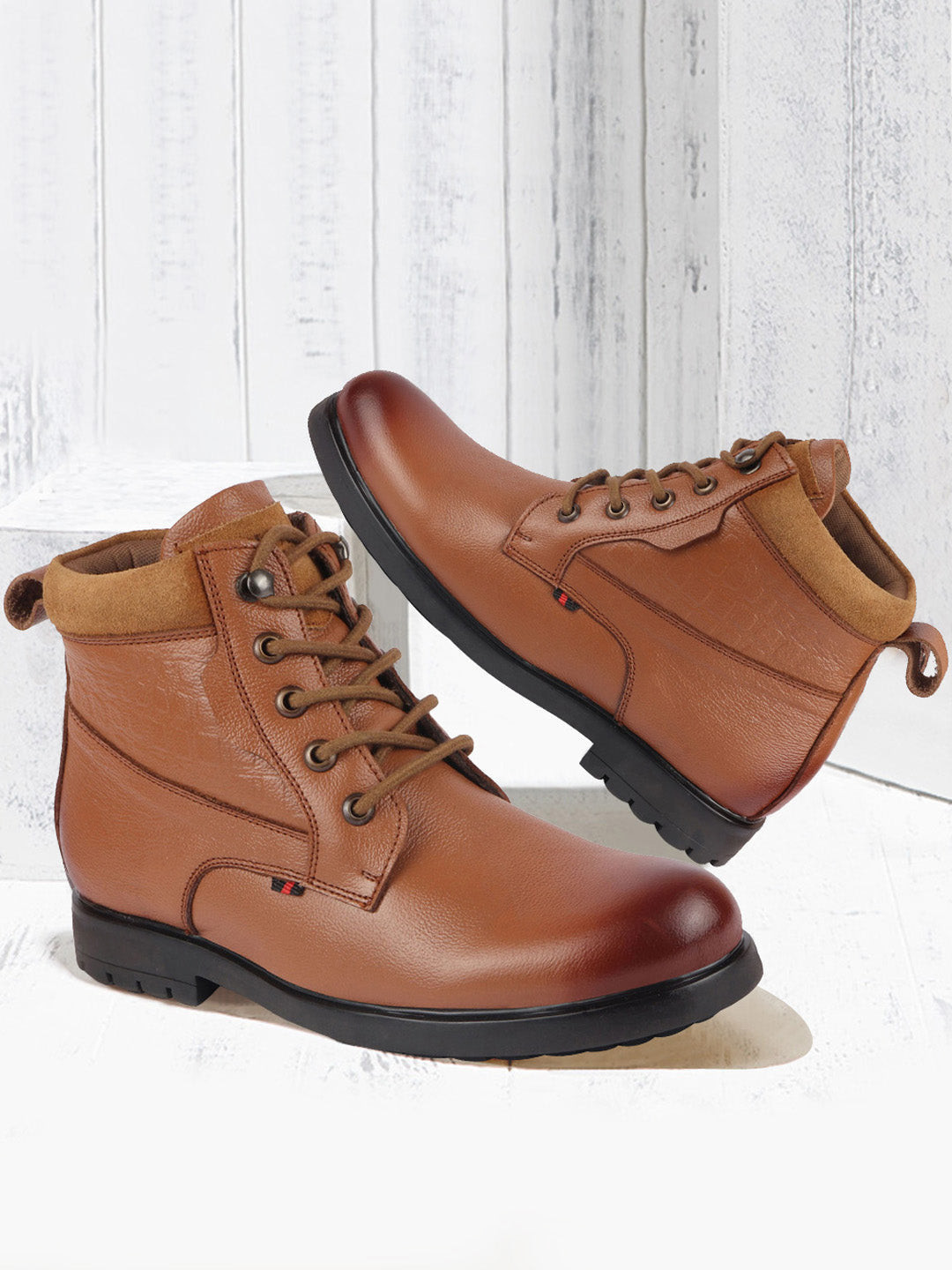 FAUSTO Men Tan Leather Casual Lace-Ups Boots