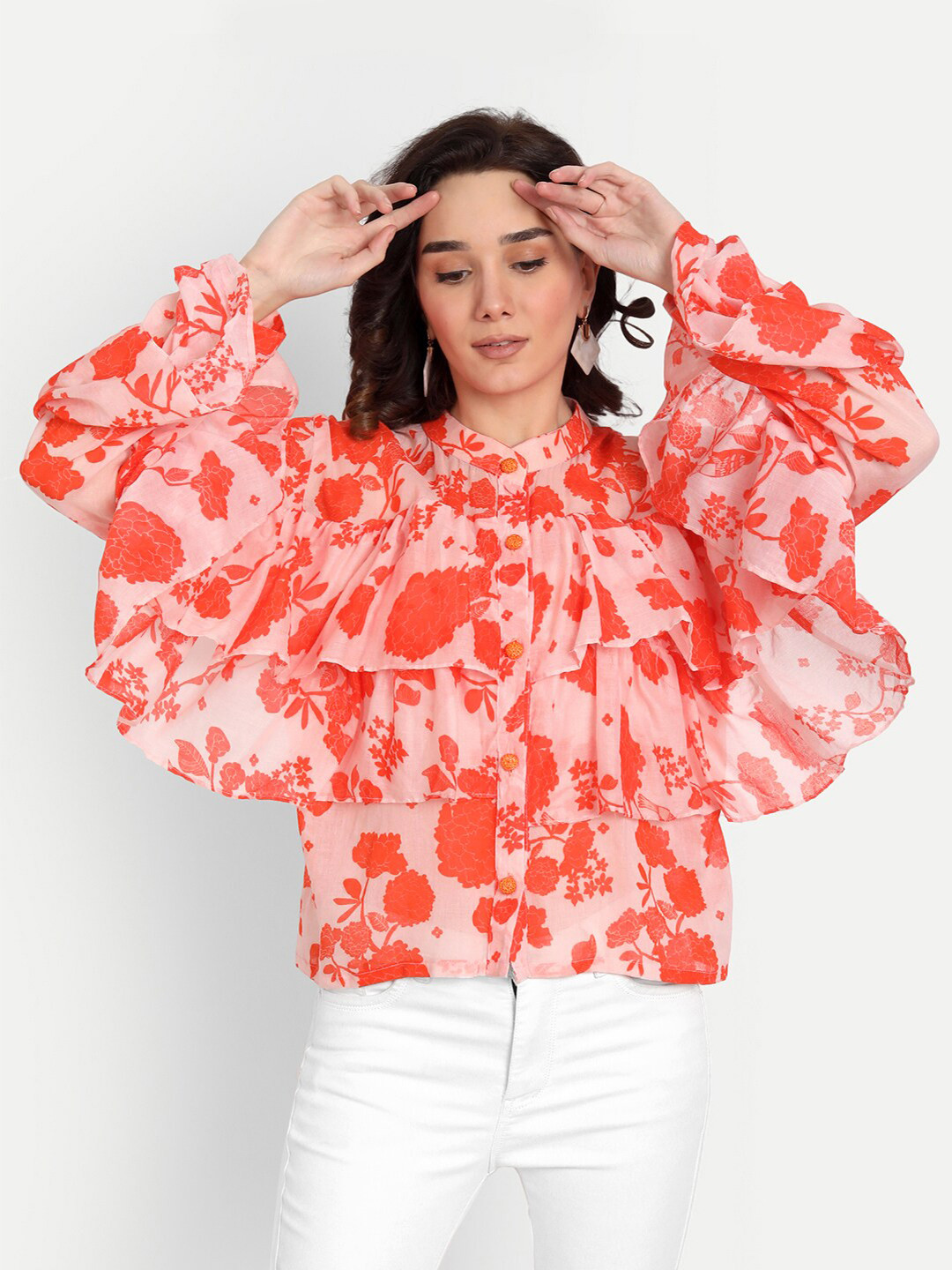 KAPASRITI Orange Floral Print Mandarin Collar Pure Cotton Ruffles Top