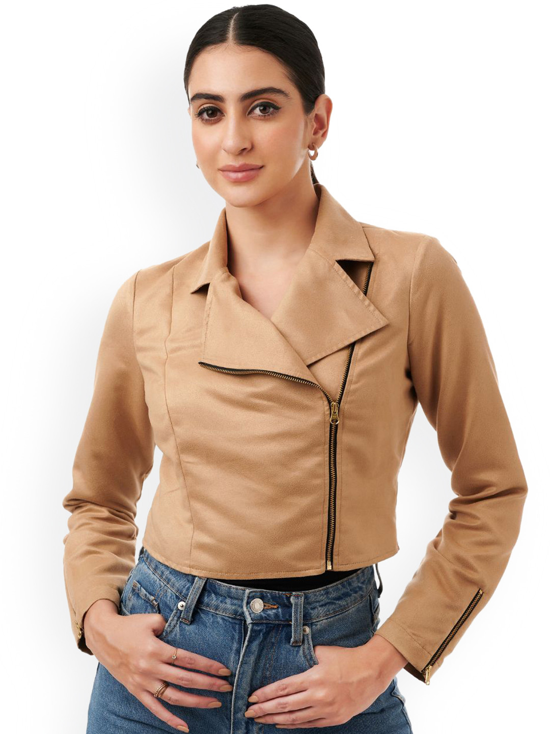 Style Island Women Beige Crop Biker Jacket