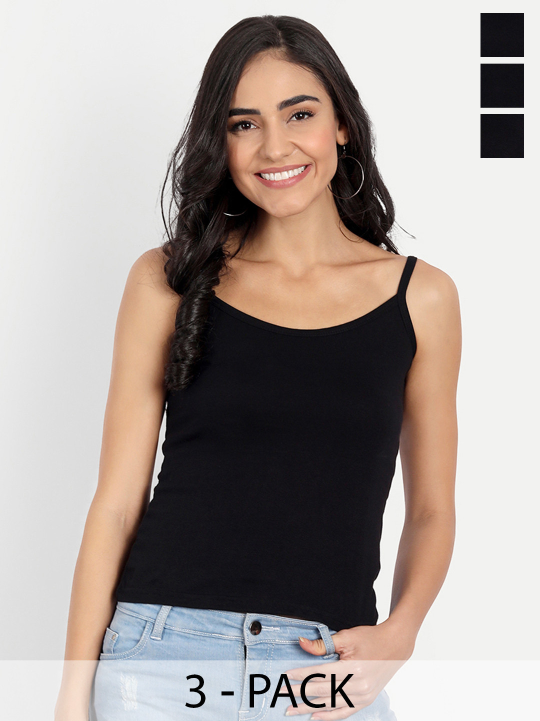 BLAZON Women Pack of 3 Black Solid Cotton Hosiery Bae Strappy Top