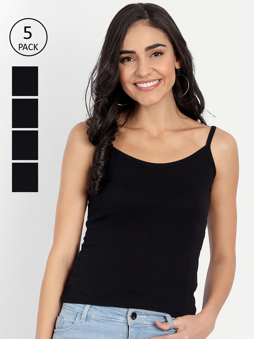BLAZON Women Black Pack Of 5 Solid Pure Cotton Camisoles
