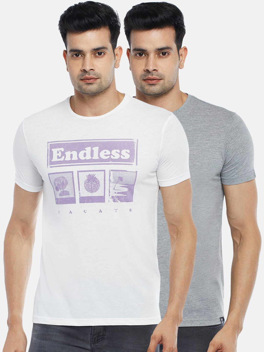 People Pack Of 2 Typography Printed Slim Fit Cotton T-shirt